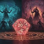 Ein Rollenspielwürfel vor zwei Spieleszenen.