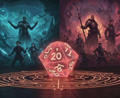 Ein Rollenspielwürfel vor zwei Spieleszenen.